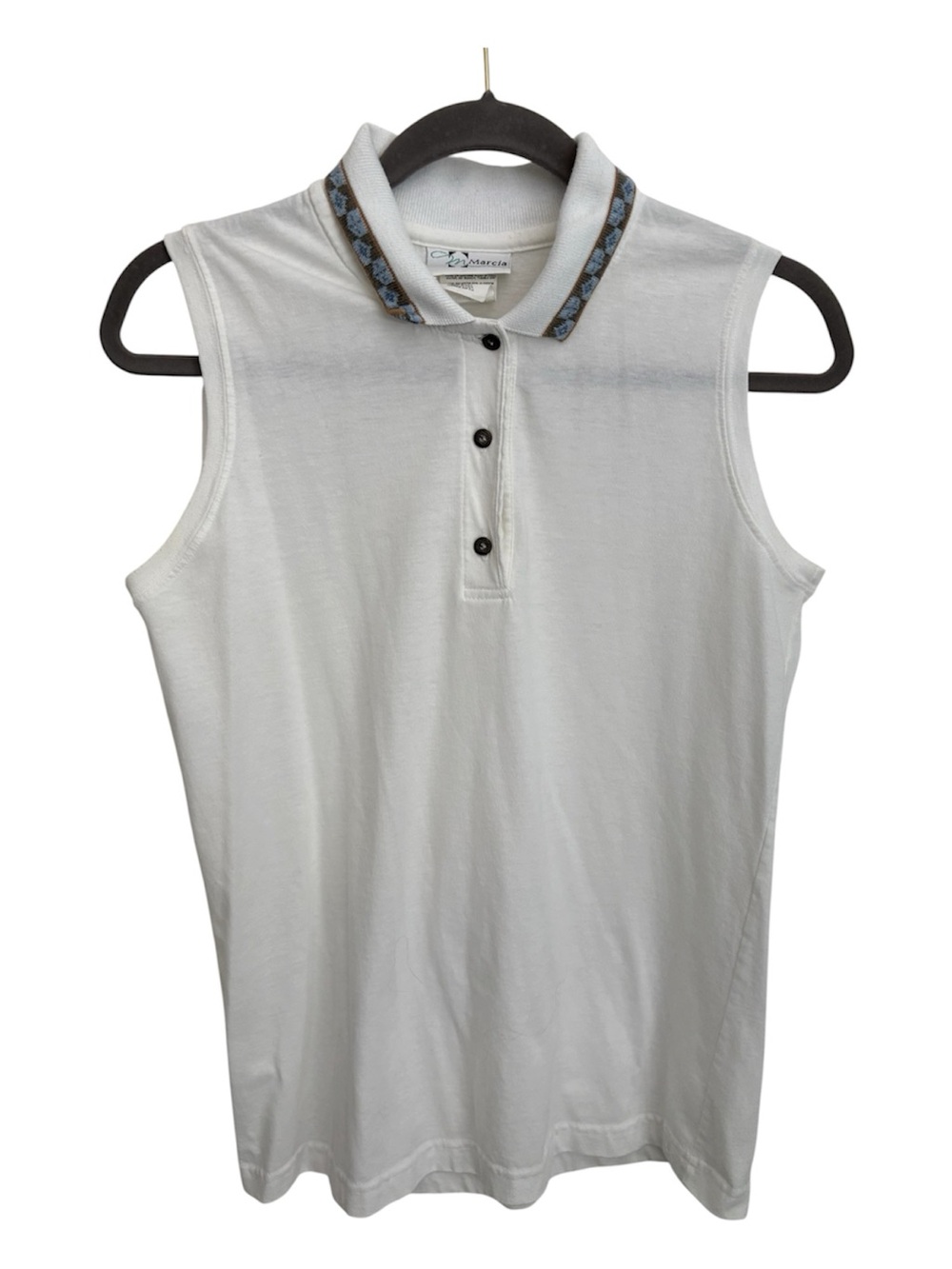Vintage Marcia Sleeveless Golf Top White Pattern Trim Retro 90s Size M